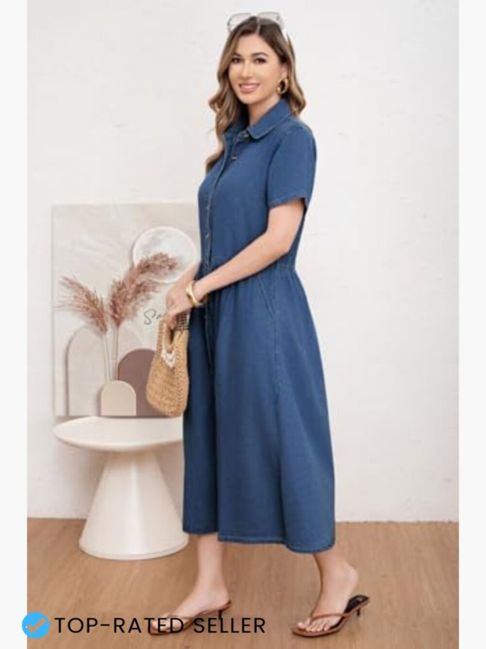 Denim Shirt Dress Oversized A-Line Midi Button Down Frayed Hem - Picture 4 of 7